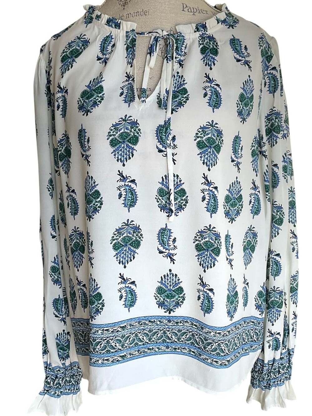 Karen Kane Women's White Floral Print Peasant Blouse Blue Green Size Medium NWT